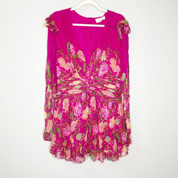 Rococo Sand Womens Chloe Dress Ruffle Hem Long Sleeve Floral Fuchsia Pink XL - Picture 2 of 10